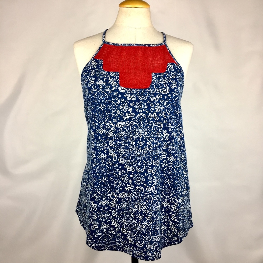 Lucky Brand Boho High Neck Tank Top Red White Blue